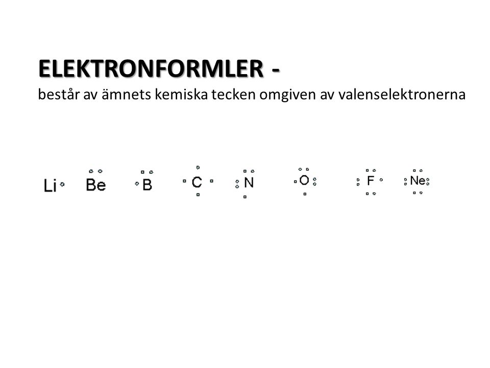 ELEKTRONFORMLER - består av ämnets kemiska tecken omgiven av valenselektronerna