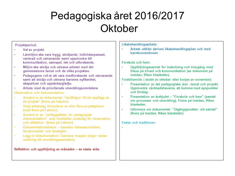 Pedagogiska året 2016/2017 Oktober