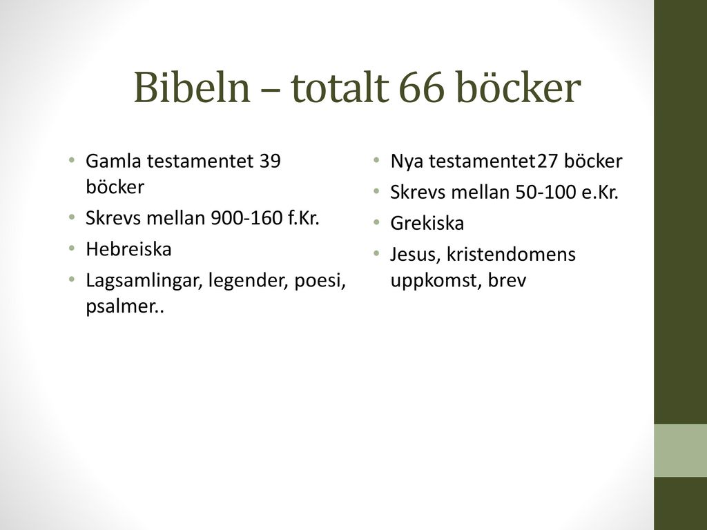 Bibeln – totalt 66 böcker Gamla testamentet 39 böcker