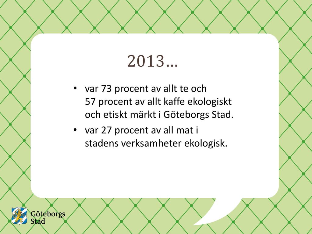 2013… var 73 procent av allt te och 57 procent av allt kaffe ekologiskt och etiskt märkt i Göteborgs Stad.