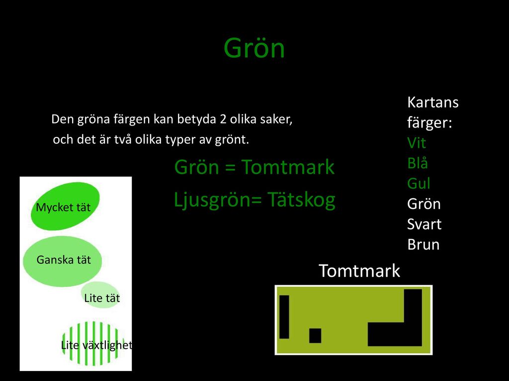 Grön Grön = Tomtmark Ljusgrön= Tätskog Tomtmark Kartans färger: Vit