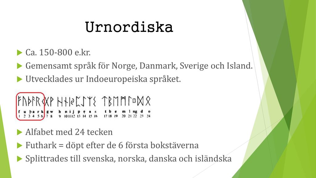 Urnordiska Ca e.kr. Gemensamt språk för Norge, Danmark, Sverige och Island. Utvecklades ur Indoeuropeiska språket.