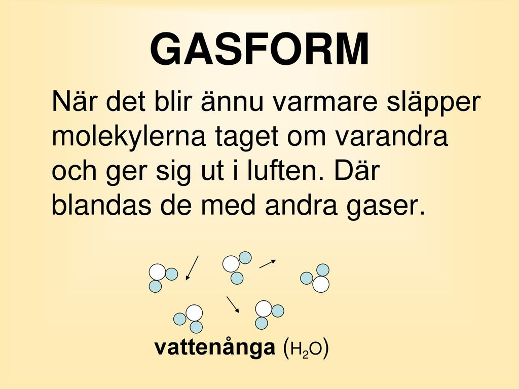 GASFORM När det blir ännu varmare släpper molekylerna taget om varandra och ger sig ut i luften. Där blandas de med andra gaser.