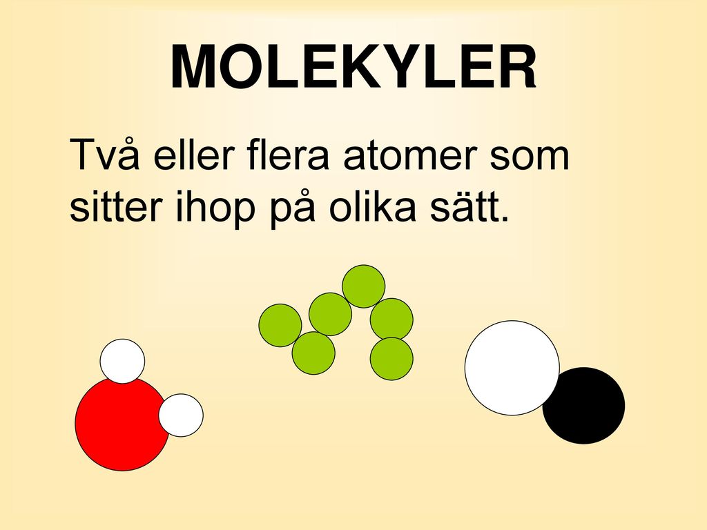 MOLEKYLER Två eller flera atomer som sitter ihop på olika sätt.