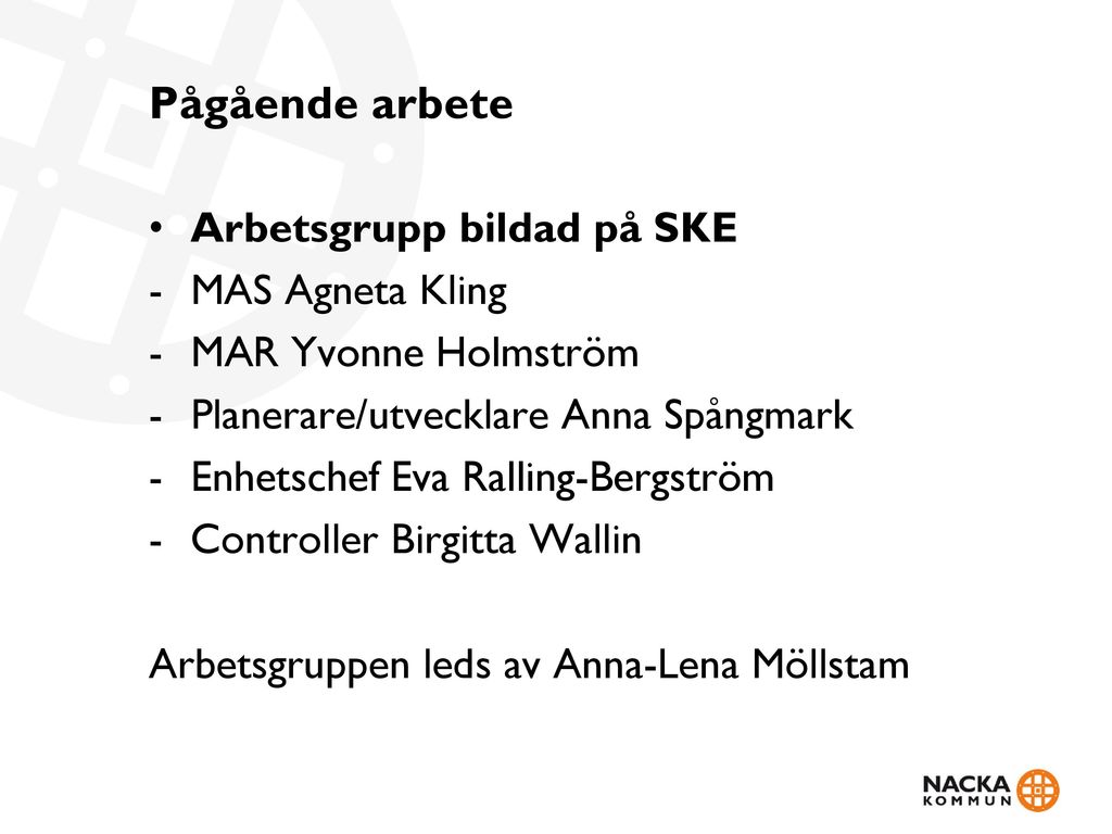 Pågående arbete Arbetsgrupp bildad på SKE MAS Agneta Kling