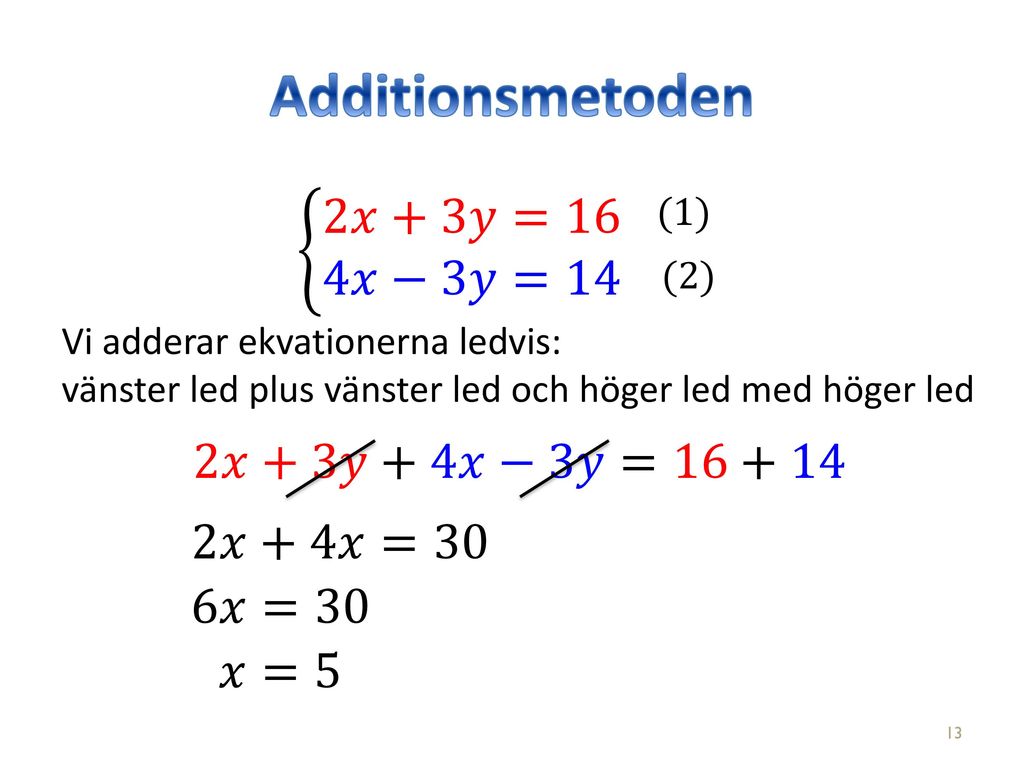 Additionsmetoden 2𝑥+3𝑦=16 4𝑥−3𝑦=14 2𝑥+3𝑦+4𝑥−3𝑦= 𝑥+4𝑥=30 6𝑥=30