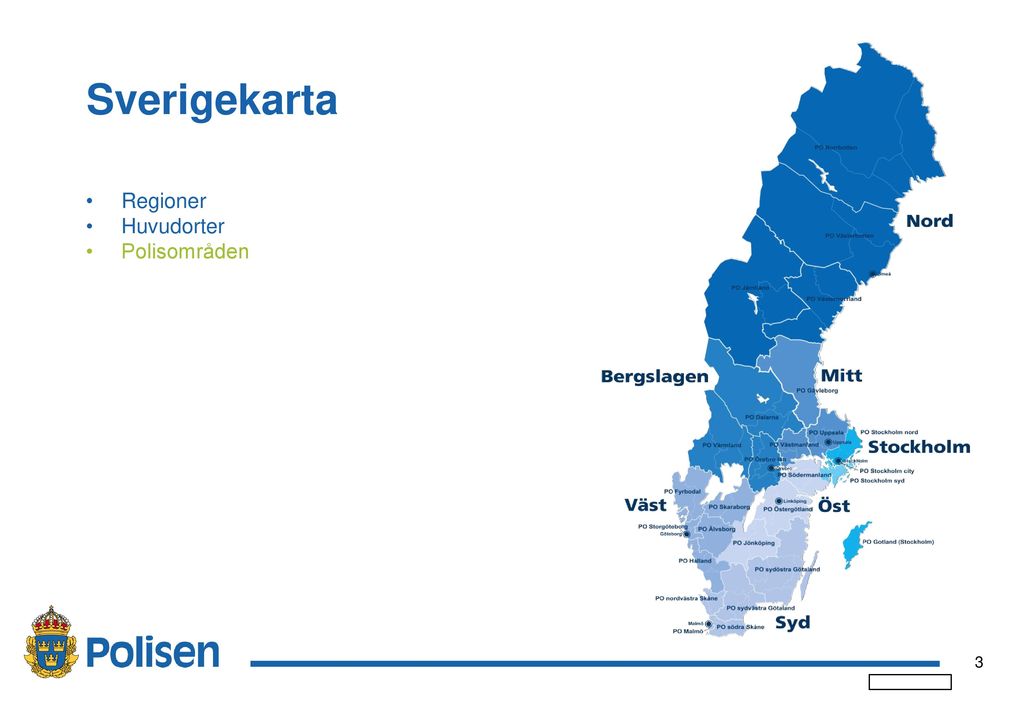 Sverigekarta Regioner Huvudorter Polisområden
