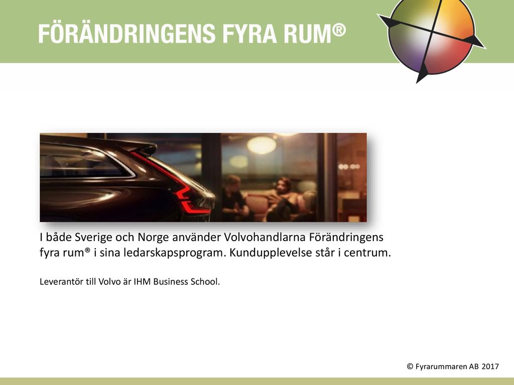 I både Sverige och Norge använder Volvohandlarna Förändringens fyra rum® i sina ledarskapsprogram. Kundupplevelse står i centrum.