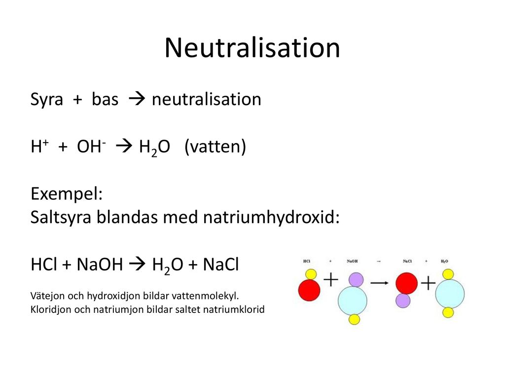Neutralisation Syra + bas  neutralisation H+ + OH-  H2O (vatten)
