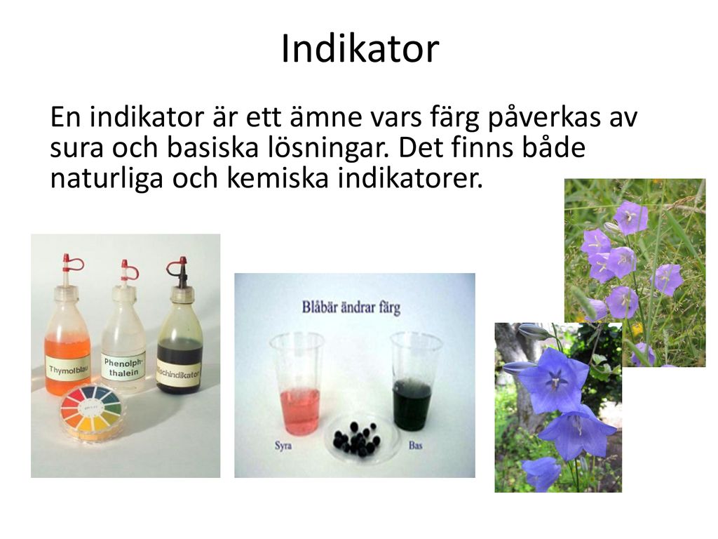 Indikator En indikator är ett ämne vars färg påverkas av sura och basiska lösningar.