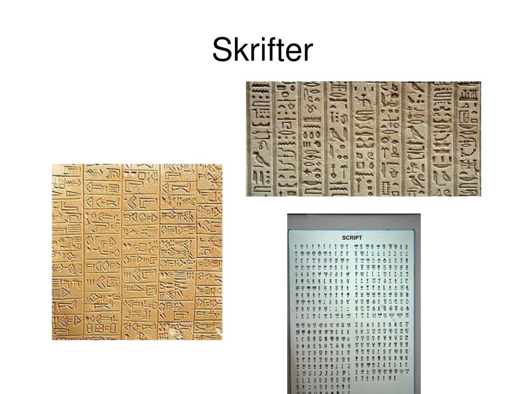 Skrifter Kilskrift, hieroglyfer samt skrift från Indus