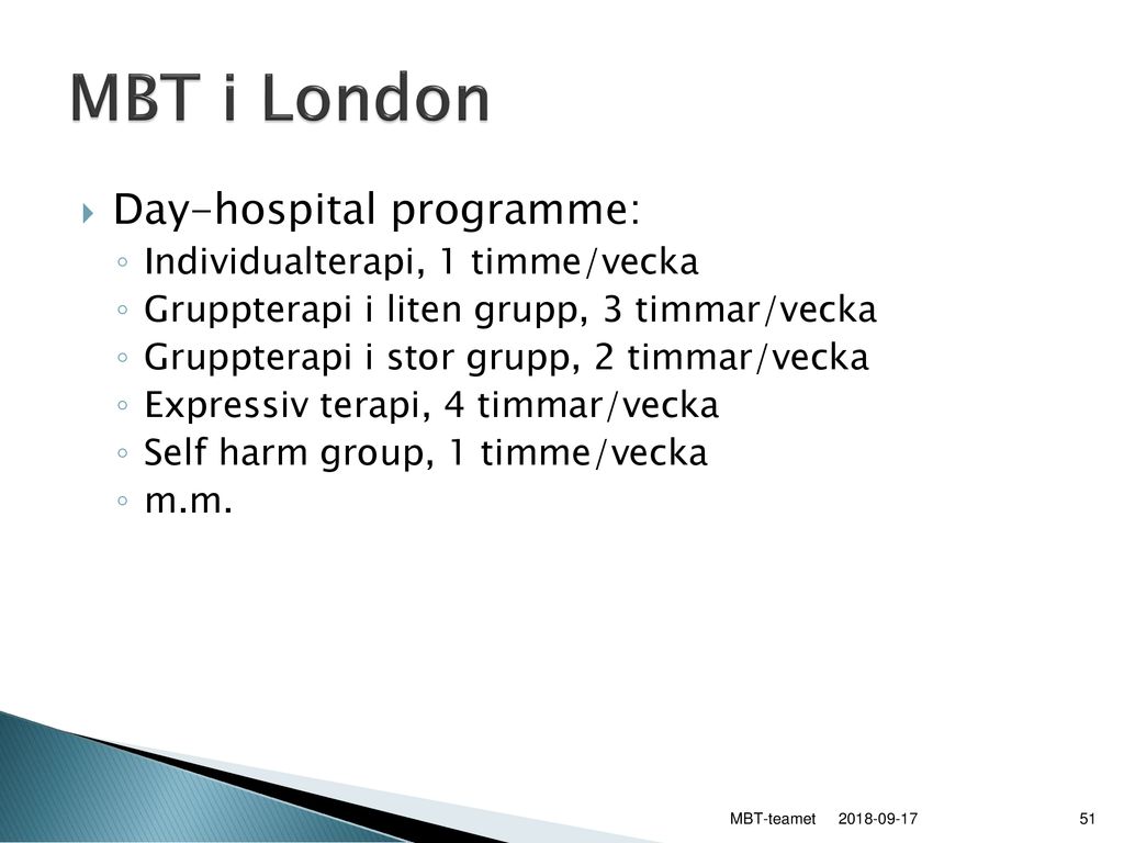 MBT i London Day-hospital programme: Individualterapi, 1 timme/vecka