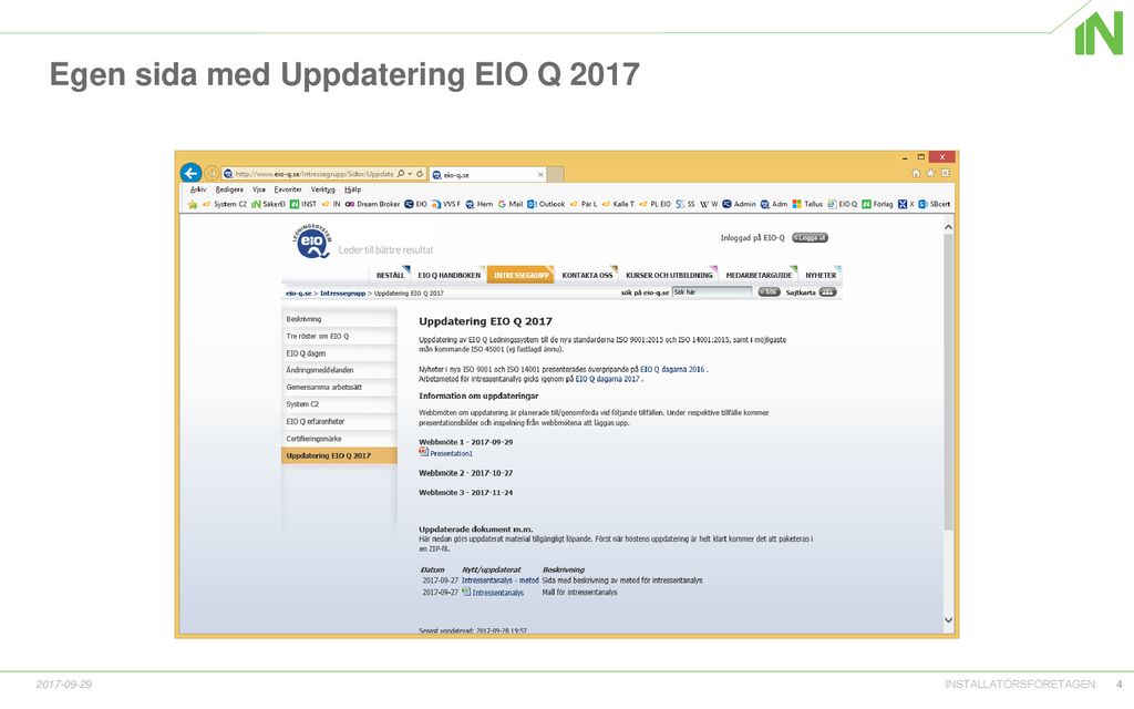 Egen sida med Uppdatering EIO Q 2017