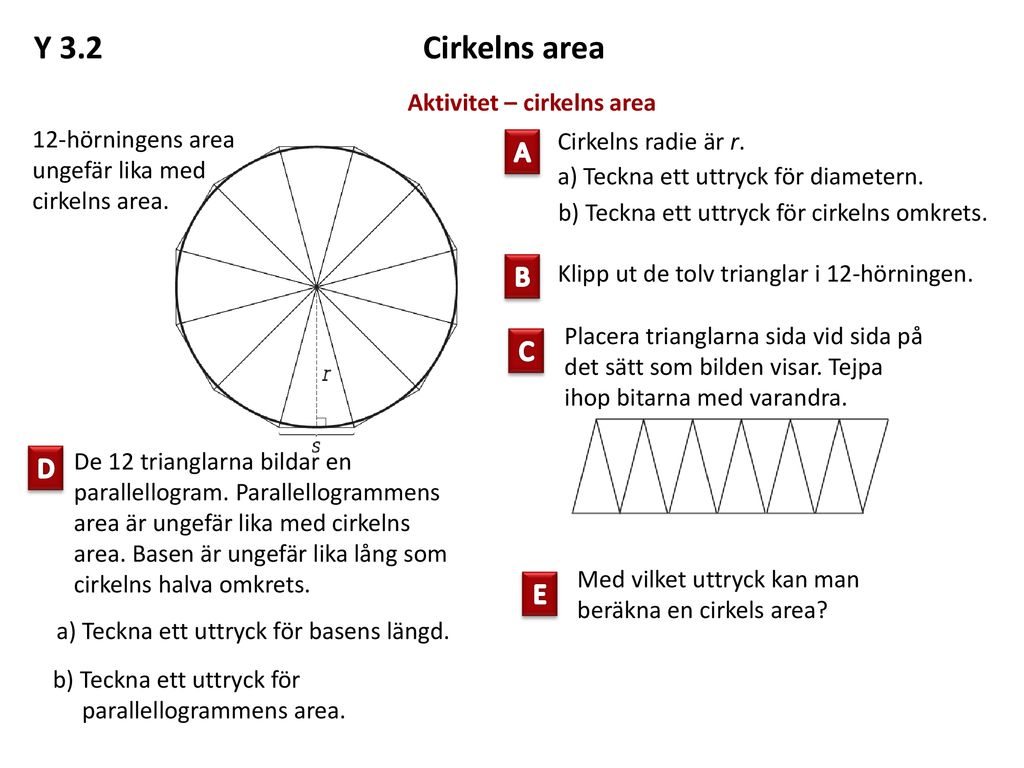 Y 3.2 Cirkelns area A B C D E Aktivitet – cirkelns area