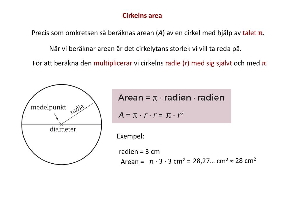 Cirkelns area Precis som omkretsen så beräknas arean (A) av en cirkel med hjälp av talet π.