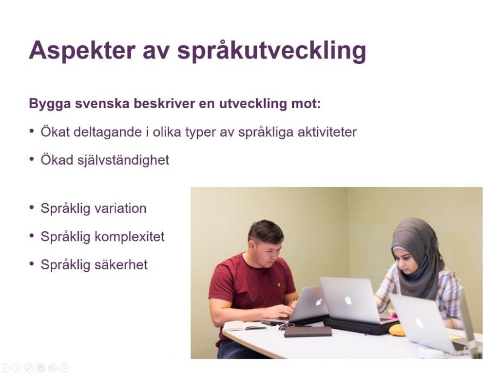 Bygga svenska är uppbyggt utifrån fem aspekter på språkutveckling.