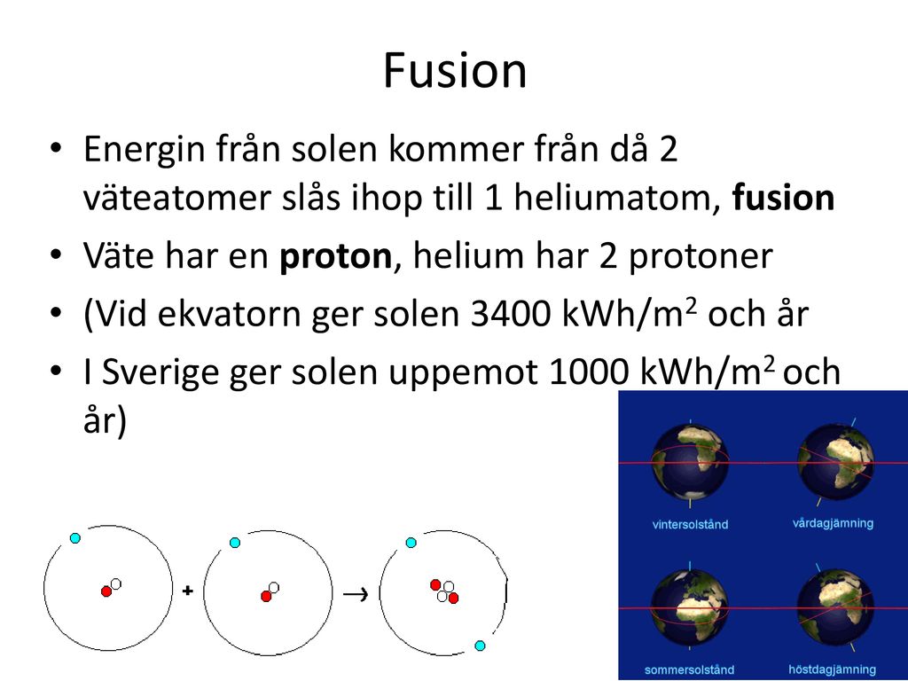 Fusion Energin från solen kommer från då 2 väteatomer slås ihop till 1 heliumatom, fusion. Väte har en proton, helium har 2 protoner.