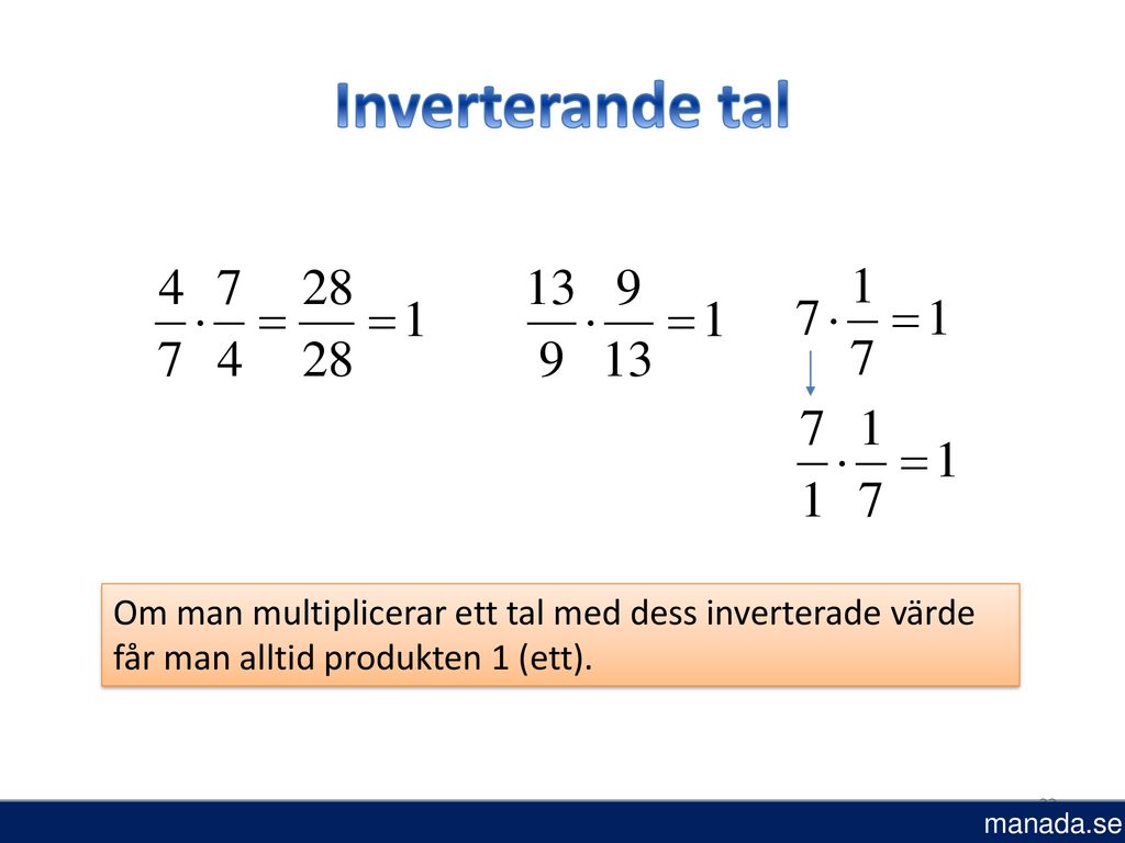 Inverterande tal Om man multiplicerar ett tal med dess inverterade värde får man alltid produkten 1 (ett).