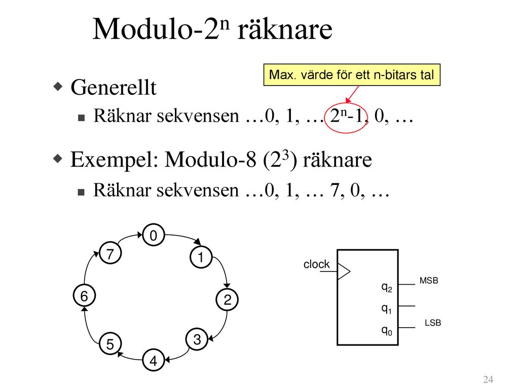 Modulo-2n räknare Generellt Exempel: Modulo-8 (23) räknare