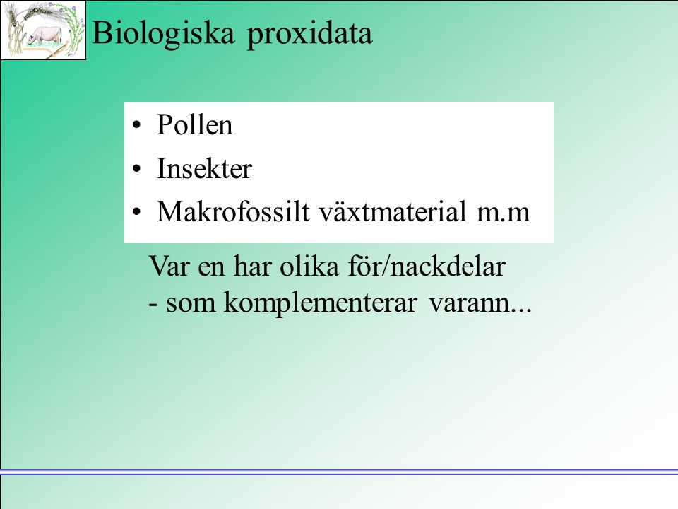 Biologiska proxidata Pollen Insekter Makrofossilt växtmaterial m.m