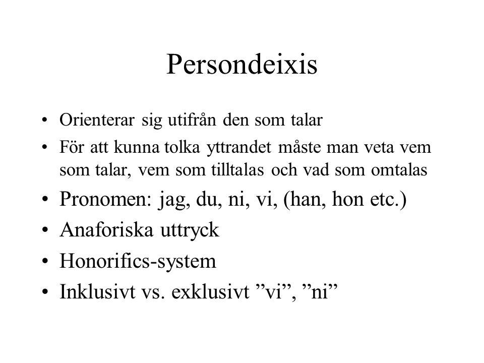 Persondeixis Pronomen: jag, du, ni, vi, (han, hon etc.)