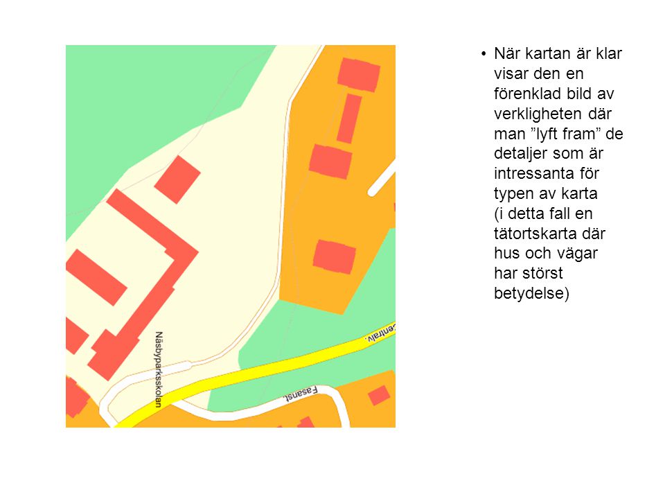 När kartan är klar visar den en förenklad bild av verkligheten där man lyft fram de detaljer som är intressanta för typen av karta (i detta fall en tätortskarta där hus och vägar har störst betydelse)