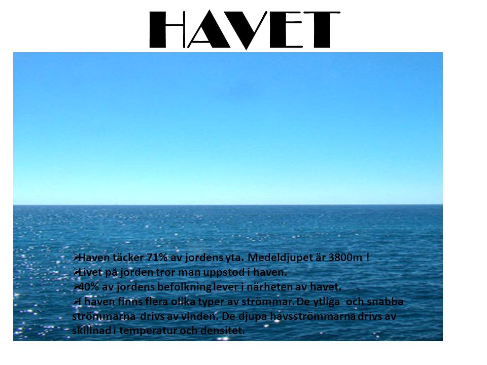 HAVET Haven täcker 71% av jordens yta. Medeldjupet är 3800m !