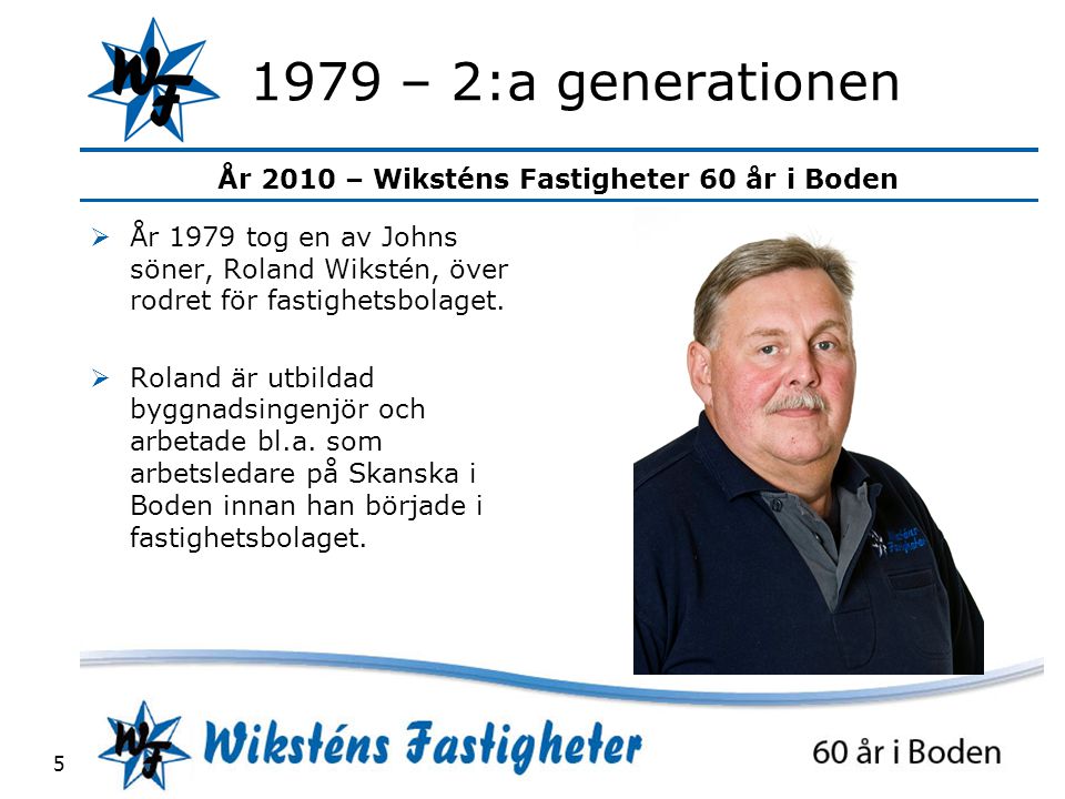 1979 – 2:a generationen År 1979 tog en av Johns söner, Roland Wikstén, över rodret för fastighetsbolaget.