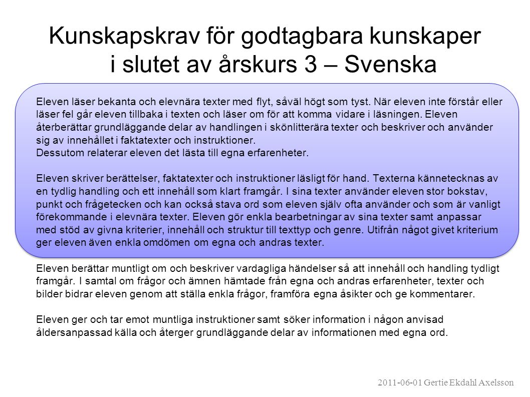 Kunskapskrav för godtagbara kunskaper i slutet av årskurs 3 – Svenska