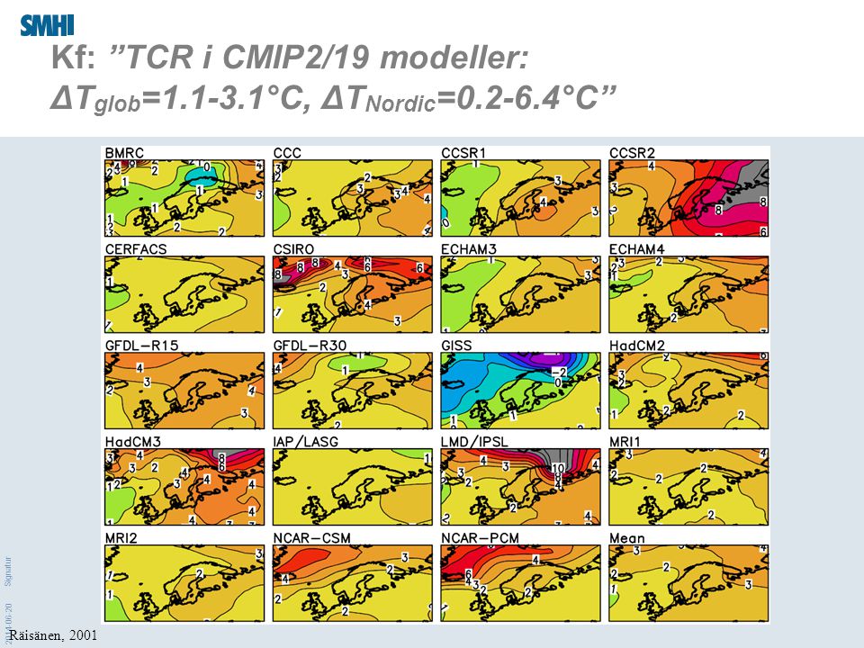 Kf: TCR i CMIP2/19 modeller: ΔTglob= °C, ΔTNordic= °C