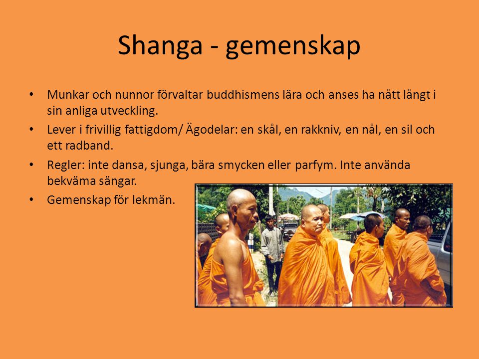 Shanga - gemenskap Munkar och nunnor förvaltar buddhismens lära och anses ha nått långt i sin anliga utveckling.