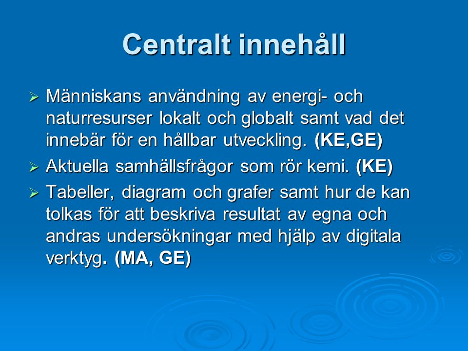 Centralt innehåll Människans användning av energi- och naturresurser lokalt och globalt samt vad det innebär för en hållbar utveckling. (KE,GE)