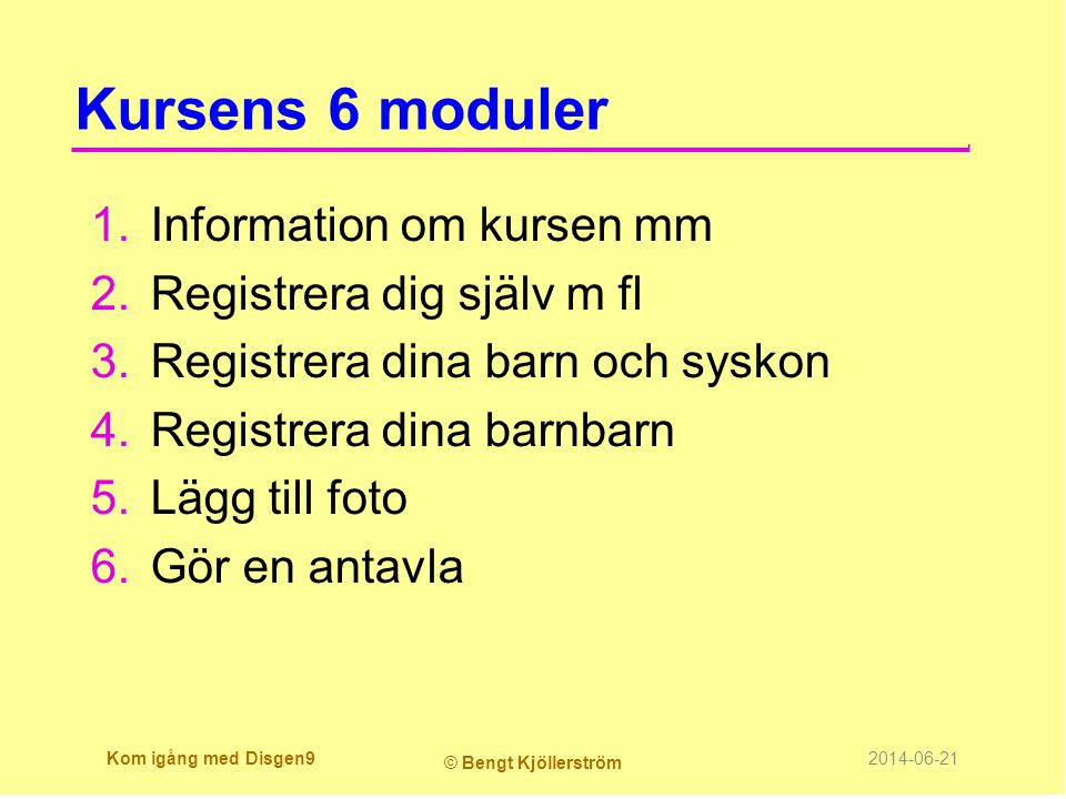 Kursens 6 moduler Information om kursen mm Registrera dig själv m fl