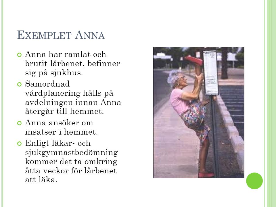 Exemplet Anna Anna har ramlat och brutit lårbenet, befinner sig på sjukhus.