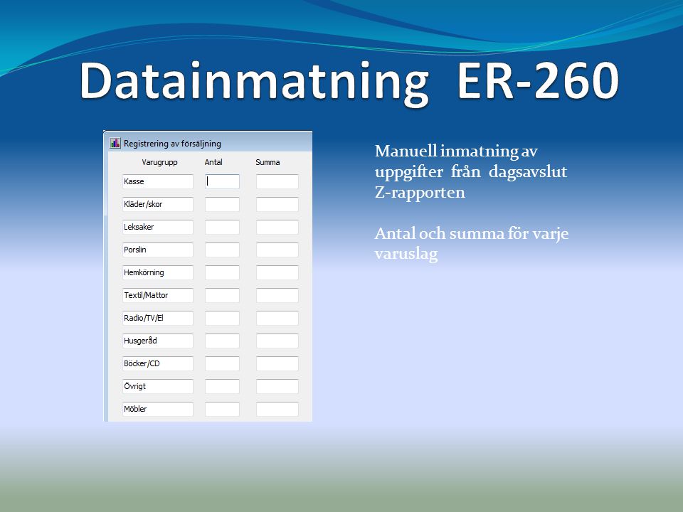 Datainmatning ER-260 Manuell inmatning av uppgifter från dagsavslut Z-rapporten.