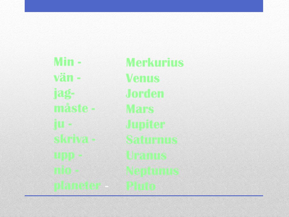 Min - vän - jag- måste - ju - skriva - upp - nio - planeter ­- Merkurius. Venus. Jorden. Mars.