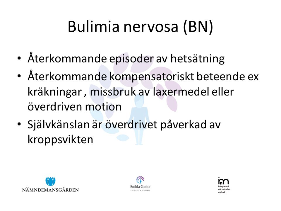Bulimia nervosa (BN) Återkommande episoder av hetsätning