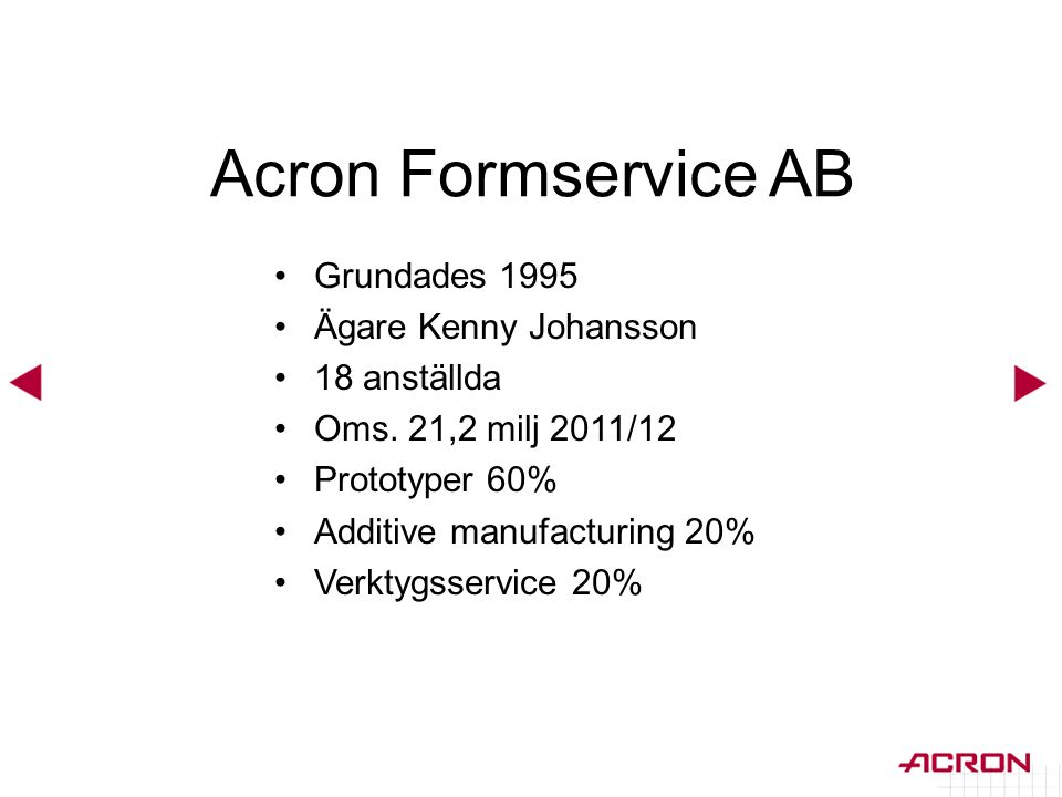 Acron Formservice AB Grundades 1995 Ägare Kenny Johansson 18 anställda