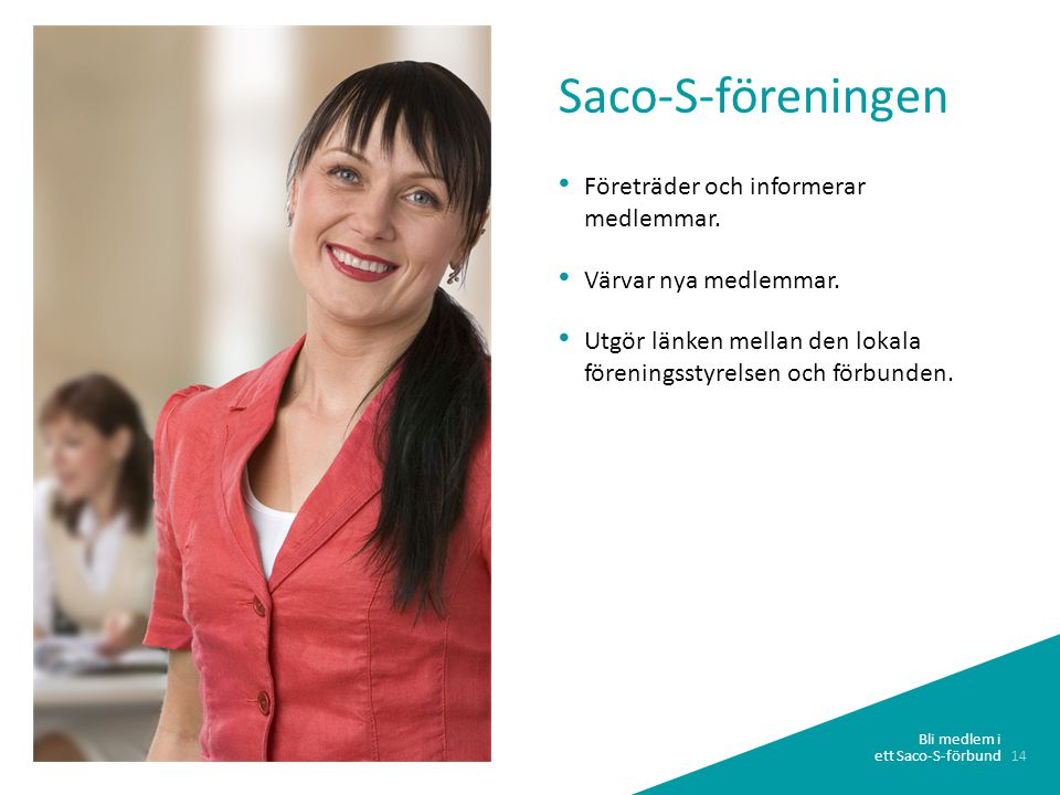 Saco-S-föreningen Företräder och informerar medlemmar.