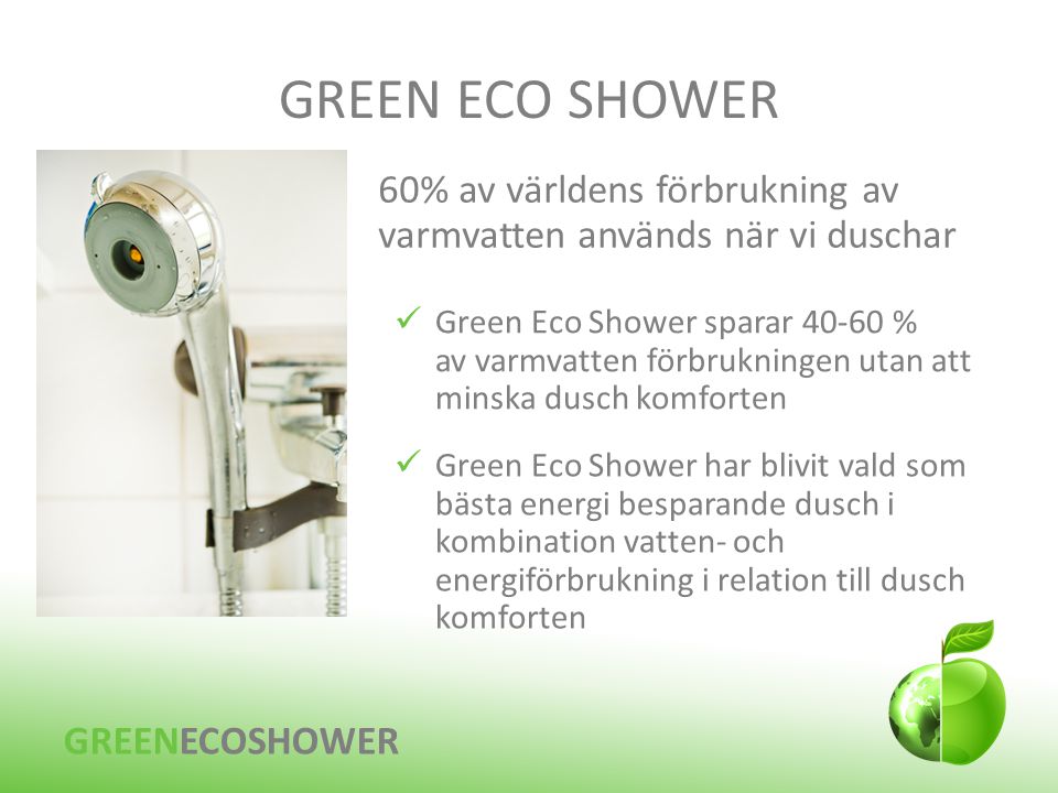 GREEN ECO SHOWER 60% av världens förbrukning av varmvatten används när vi duschar.