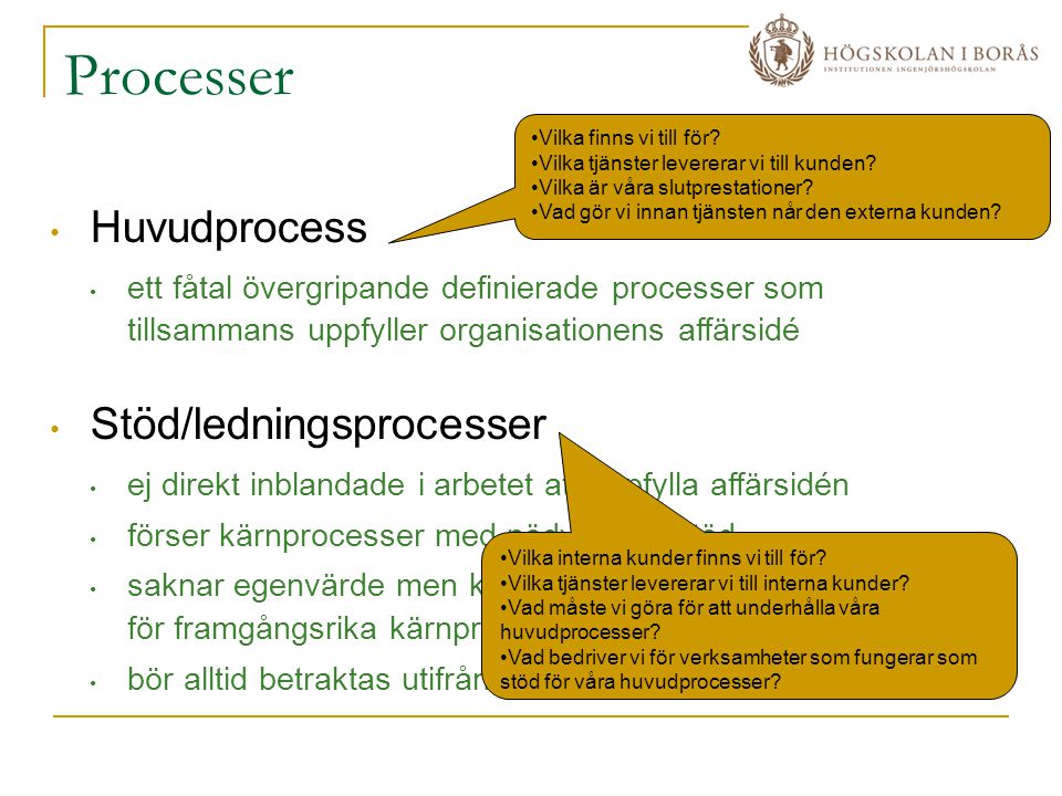 Processer Huvudprocess Stöd/ledningsprocesser