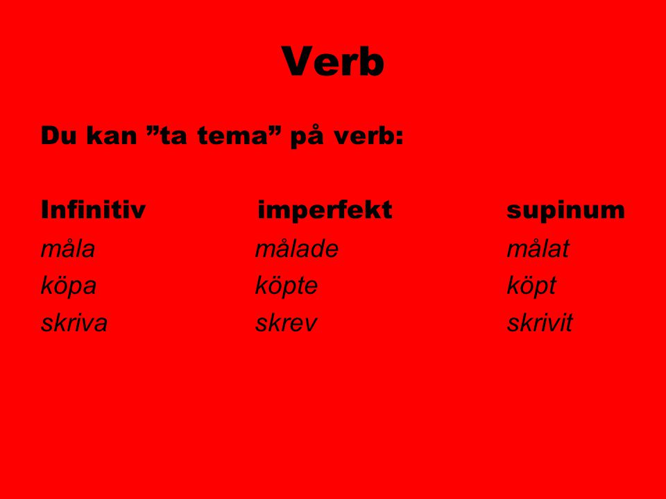 Verb Du kan ta tema på verb: Infinitiv imperfekt supinum