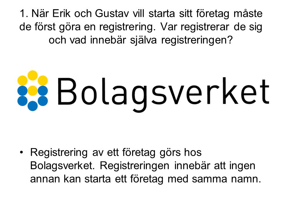 1. När Erik och Gustav vill starta sitt företag måste de först göra en registrering. Var registrerar de sig och vad innebär själva registreringen