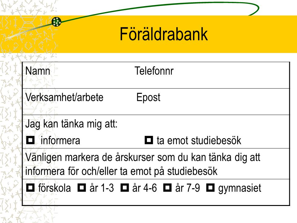 Föräldrabank Namn Telefonnr Verksamhet/arbete Epost