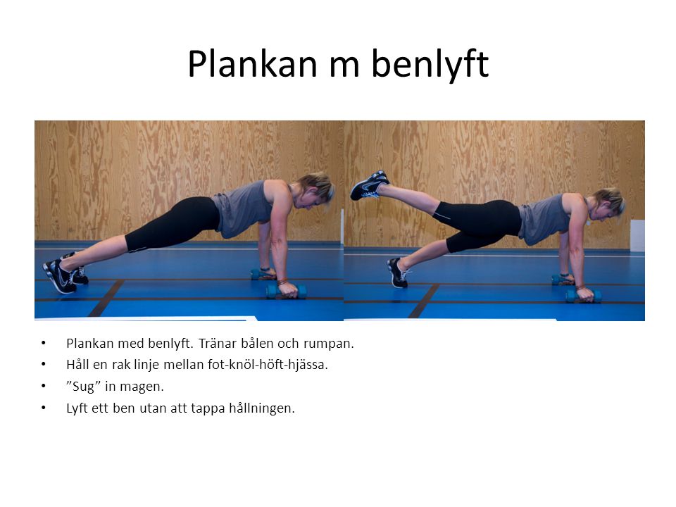 Plankan m benlyft Plankan med benlyft. Tränar bålen och rumpan.
