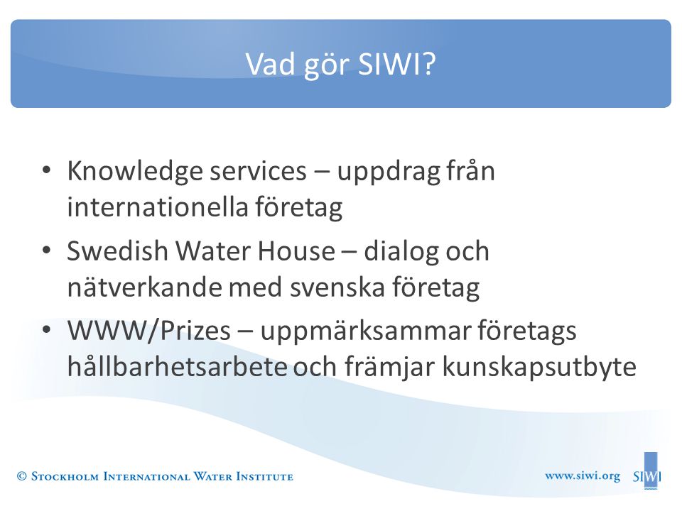 Vad gör SIWI Knowledge services – uppdrag från internationella företag. Swedish Water House – dialog och nätverkande med svenska företag.