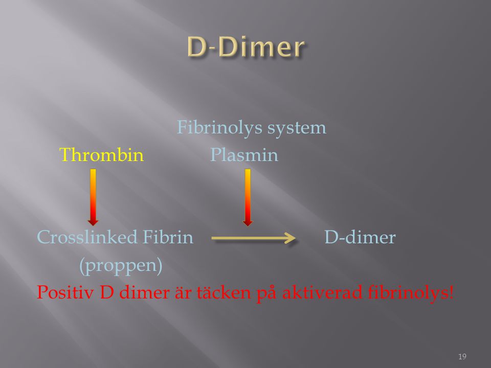 D-Dimer Fibrinolys system Thrombin Plasmin Crosslinked Fibrin D-dimer (proppen) Positiv D dimer är täcken på aktiverad fibrinolys!