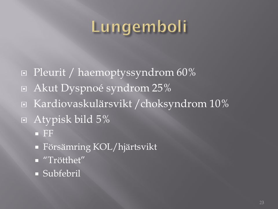 Lungemboli Pleurit / haemoptyssyndrom 60% Akut Dyspnoé syndrom 25%