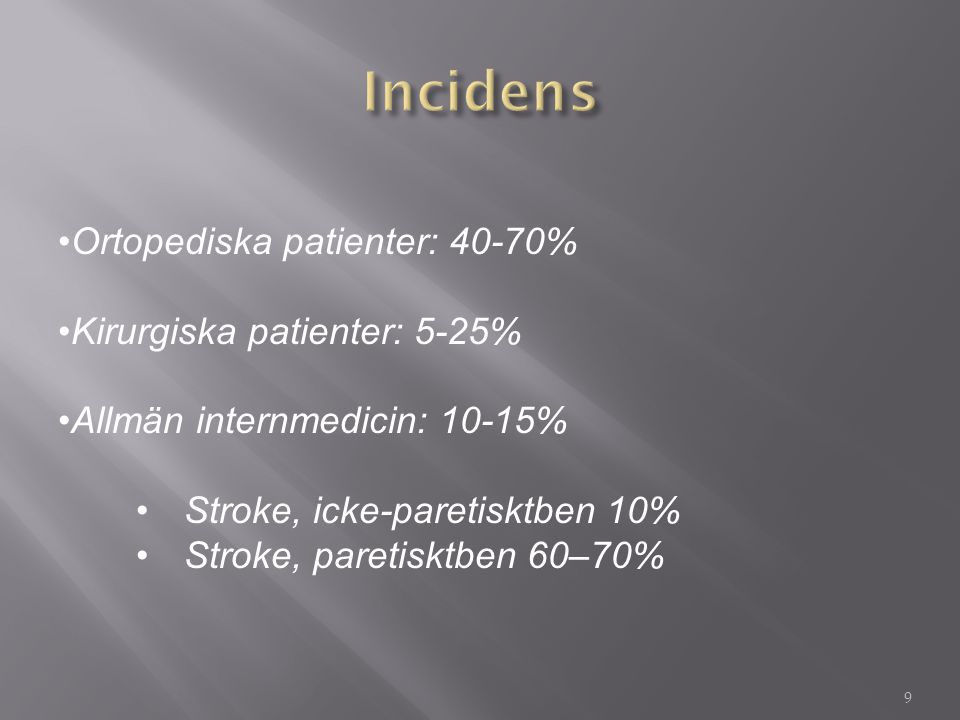 Incidens Ortopediska patienter: 40-70% Kirurgiska patienter: 5-25%