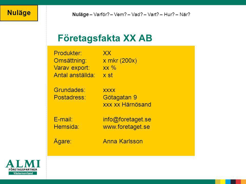 Företagsfakta XX AB Nuläge Produkter: XX Omsättning: x mkr (200x)